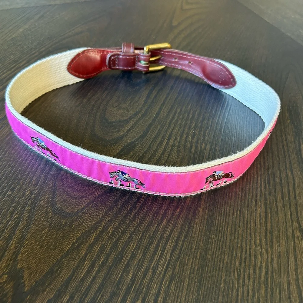 Dover Saddlery Pink and Brown Horse Jumping Canvas Kids Belt With Leather Strap